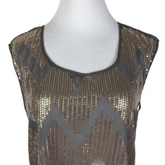 Love Squared Sequin Chevron Keyhole Ruffle Hem Blouse Women's Large Gray Taupe - Picture 4 of 7
